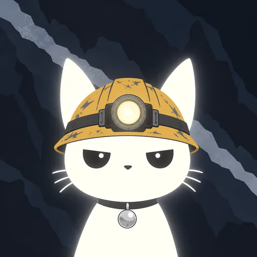 Avatar crop: narrowed and focused in a battered hard hat with a lit headlamp, against flat dark rock with one pale diagonal band of silver.