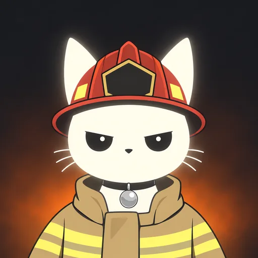 Avatar crop: jaw set and brows down in a firefighter's helmet and turnout coat collar, against flat charcoal with a warm orange glow low behind him.