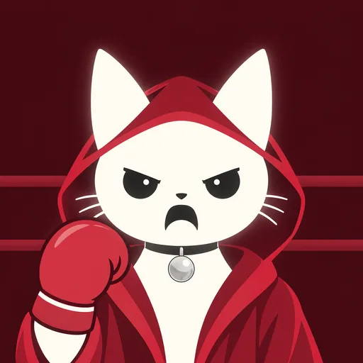 Avatar crop: blazing and shouting with one red glove raised beside his face, in a hooded robe, against flat dark maroon with two ring rope lines.