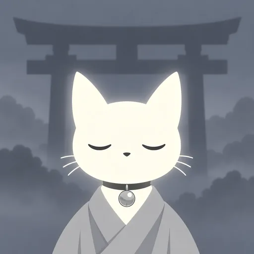 Avatar crop: eyes closed in two peaceful curves in simple grey robes, against flat misty grey with one dark temple gate silhouette.
