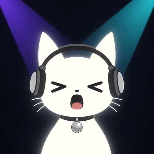 Avatar crop: eyes screwed shut and mouth open mid-shout in big over-ear headphones, against flat near-black cut by two angled beams of violet and teal.