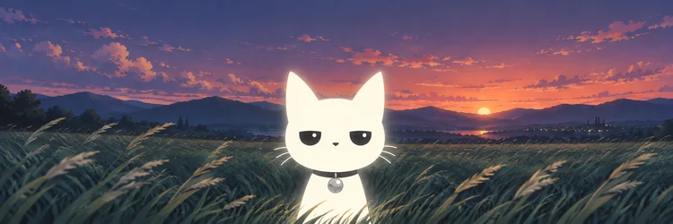 A wide dusk header: the glowing cat small under a deep orange and violet sky.