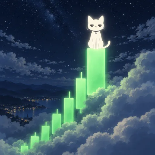 Eyes shut in delight with both paws flung up, he rides the top of an enormous glowing green candlestick rocketing up through the clouds, smaller green bars stepping up below him.