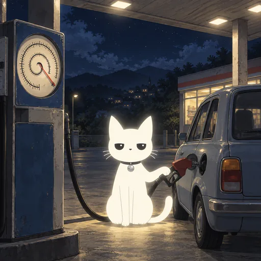 Eyes wide with dread and one paw to his cheek, he holds a fuel nozzle at a night forecourt watching the dial spin round far past anything reasonable.