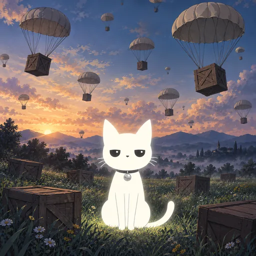 Eyes two huge sparkling curves and mouth wide open laughing with both paws up, he stands in a field as wooden crates on small parachutes drift down around him.