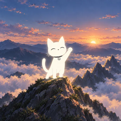 Eyes closed in a tired smile with his chest out and one paw raised, he stands on the highest peak of a mountain ridge shaped like a rising jagged chart line at dawn.
