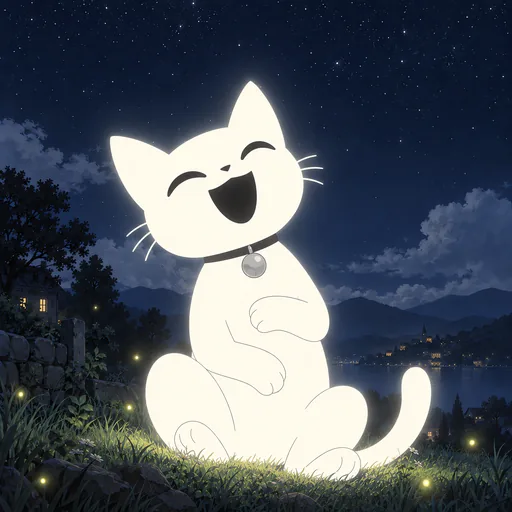 He throws his head back laughing on the hillside, eyes squeezed shut into two happy arcs and one paw clutching his belly.
