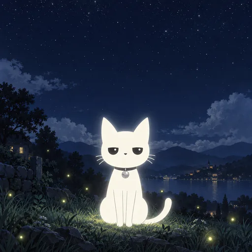 He sits on a grassy hillside above a lake at night, staring flatly ahead with half-lidded eyes. This is the reference drawing.