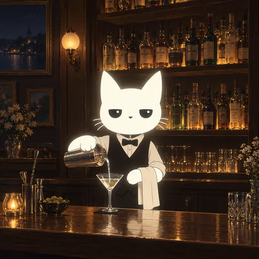 He wears a black waistcoat and a small bow tie with a towel over one arm, pouring a clear gin martini behind the counter of a dim wood-panelled bar.