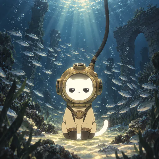 He wears an old brass diving suit with his face plain through the round porthole, standing on a pale seabed as a shoal of silver fish turns around him.