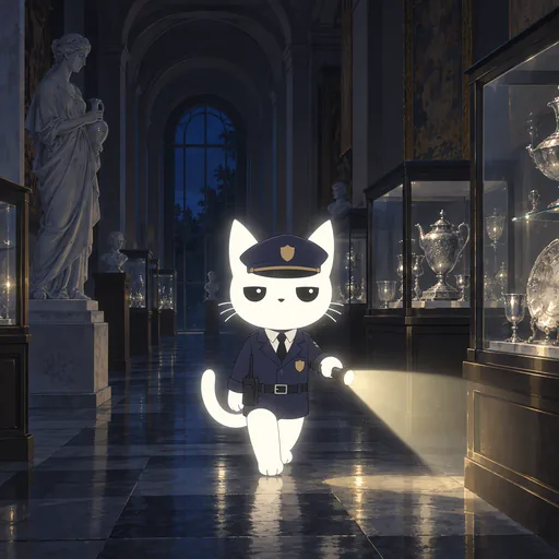 He wears a peaked cap and a navy uniform jacket and carries a torch, walking a long museum hall at night lined with glass cases of silver.