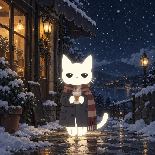 He wears a heavy wool coat and a very long striped scarf wound several times round his neck, holding a paper cup of something hot on a snowy street.