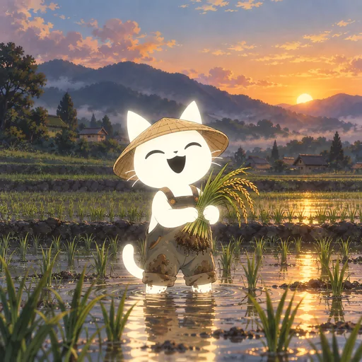 Head tipped back roaring with laughter, eyes squeezed shut, he stands knee deep in a flooded rice paddy at sunrise in a straw hat and muddy overalls.