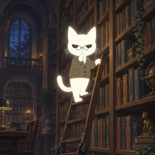 Eyes narrowed severely over small round glasses with one paw raised to his lips, he stands on a wheeled ladder against a towering wall of books.