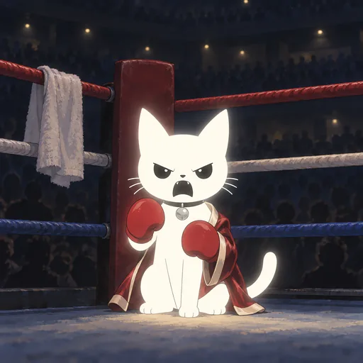 Snarling with his brows in a hard V and his mouth open in a shout, he wears red gloves and a satin robe off one shoulder in the corner of a lit ring.