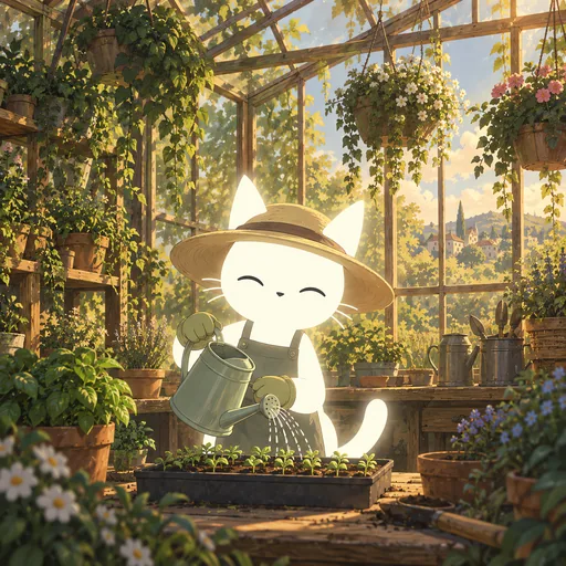 Eyes closed in two peaceful curves with a soft smile, he tips a watering can over a seedling tray in a warm greenhouse full of hanging plants.