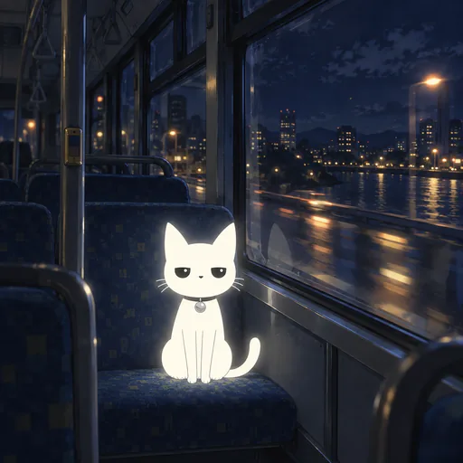 He sits on the back seat of a late night bus, city lights streaking past the window behind him.
