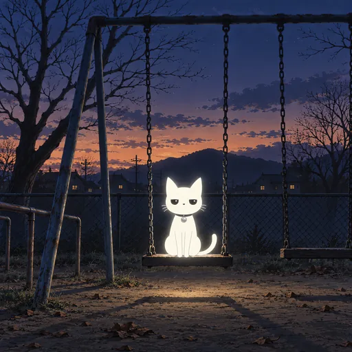 He sits on a swing in an empty playground at dusk, bare trees and a chain link fence behind him.
