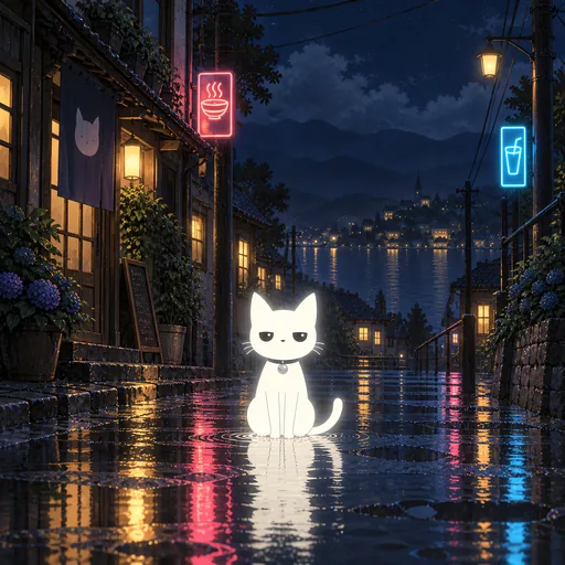 He sits in a shallow flooded street after heavy rain, neon shop signs reflected all around him in the water.
