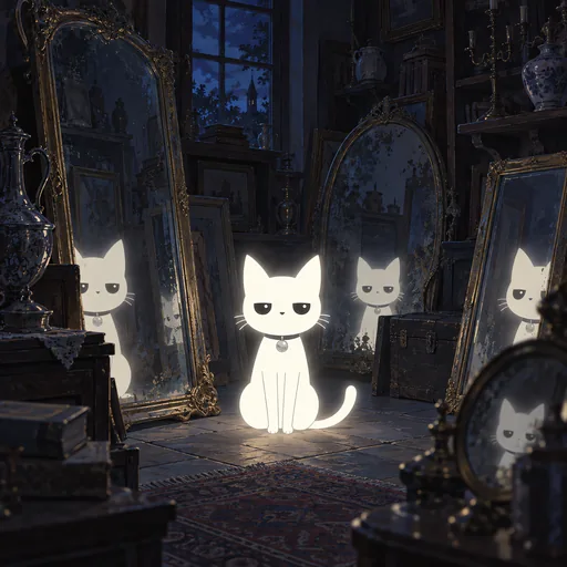 He sits in the back room of an antique shop among tall tarnished silver mirrors leaning on the walls, his glow repeated in several of them at once.