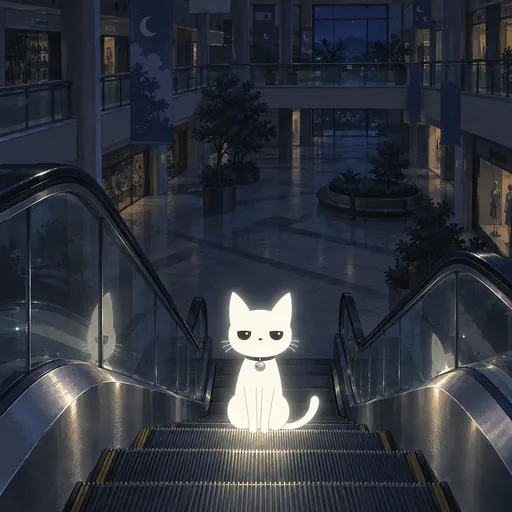 He rides a dead escalator down through an empty shopping mall at night, polished steel steps and glass balustrades running away above him.