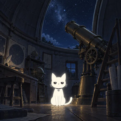 He sits on the floorboards of an old observatory with the dome slit cranked open on the stars and a brass telescope angled up above him.