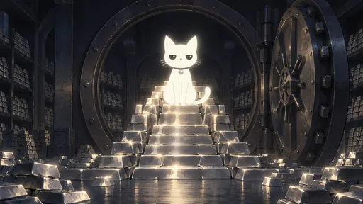 He sits at the top of a tall stepped throne built from stacked silver bars in a dark vault, the round vault door standing open behind him.