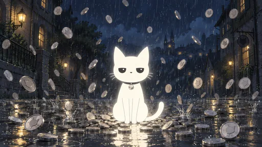 He sits perfectly still in an empty street at night while silver coins rain down around him and bounce off the wet road.