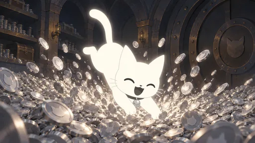 Laughing, he dives head first into a vault full of silver coins stamped with a cat head, coins splashing up around him.