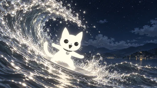 Mouth open in a whoop, he surfs down the face of a huge curling silvery wave under a night sky.