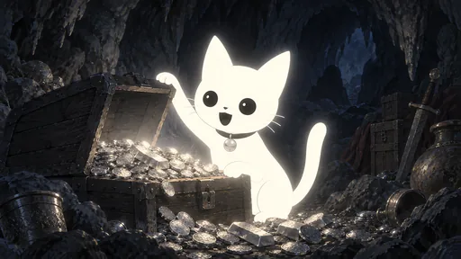 Eyes wide and bright, he lifts the lid of an old wooden chest full of silver coins in a dark cave.